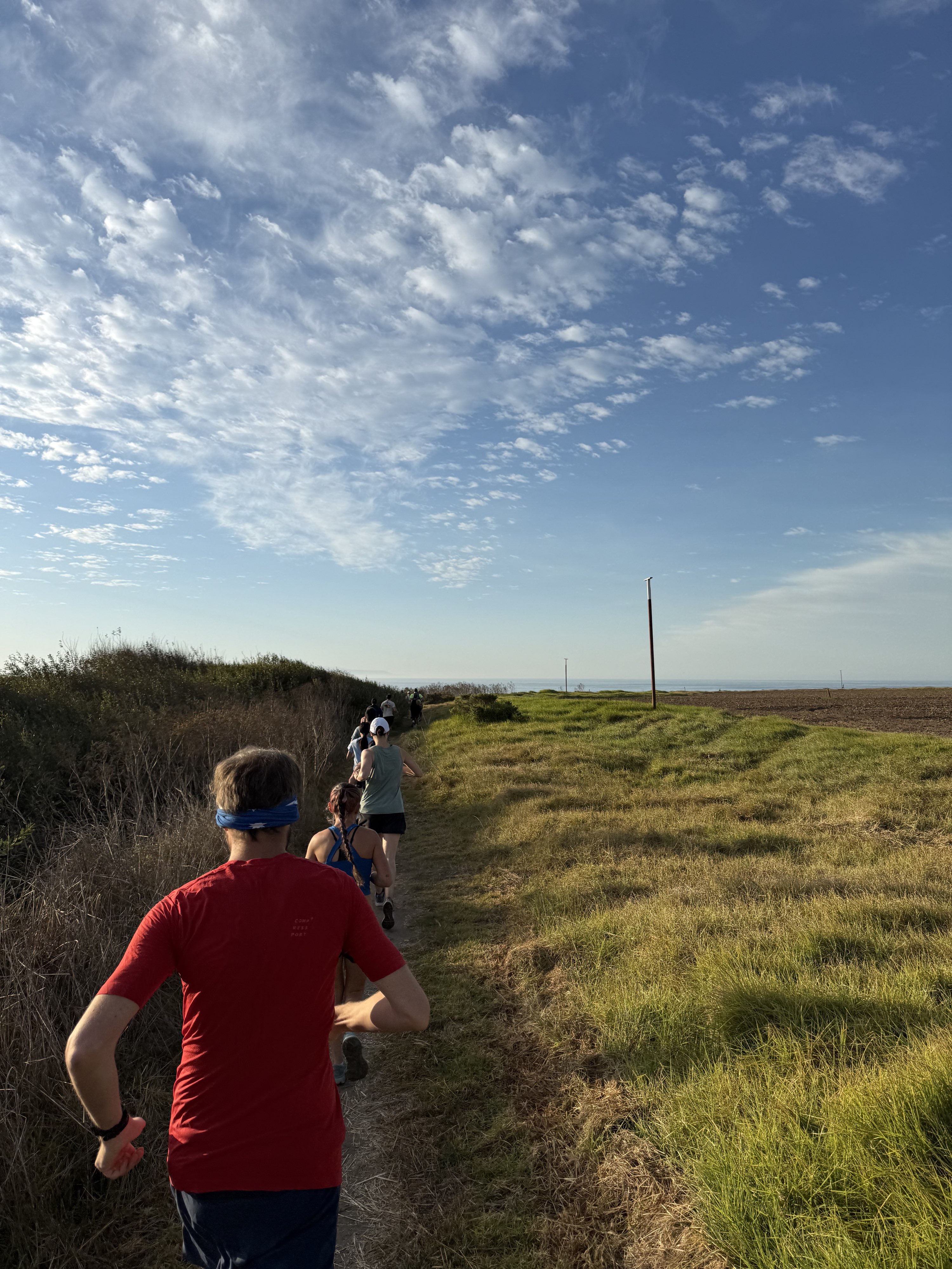 A group of people running on a trail in a single file line, with bushes on the left and grass on the right